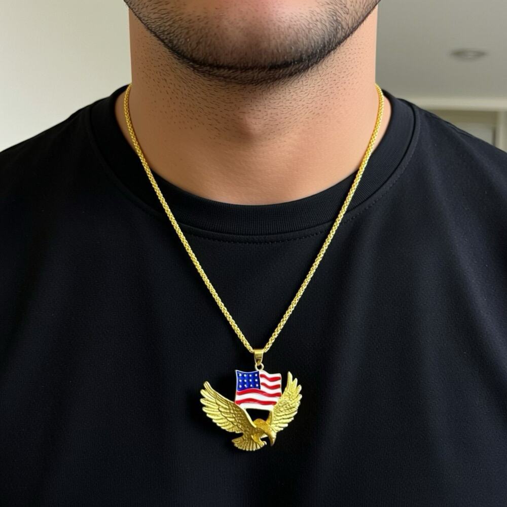 Men's Hip Hop Fashion Eagle American Flag Silver Or Gold Color Pendant Necklace